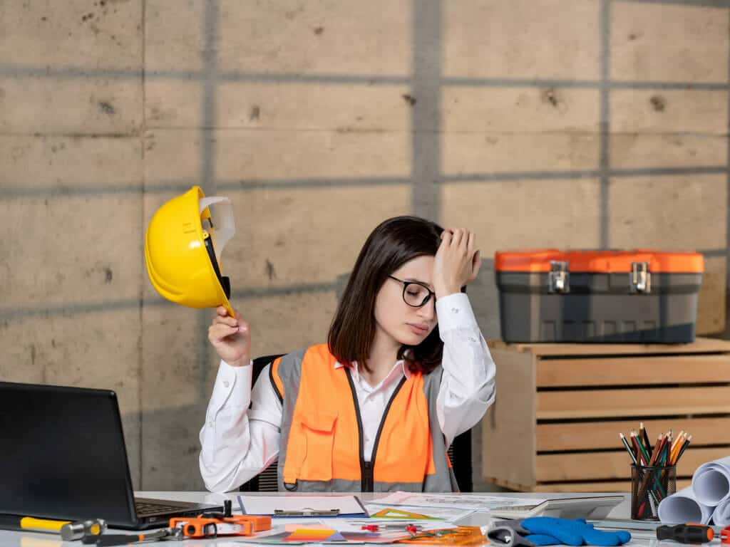 Femme dans un atelier souffrant de maux de tête à cause du travail sans bouchons d''oreille